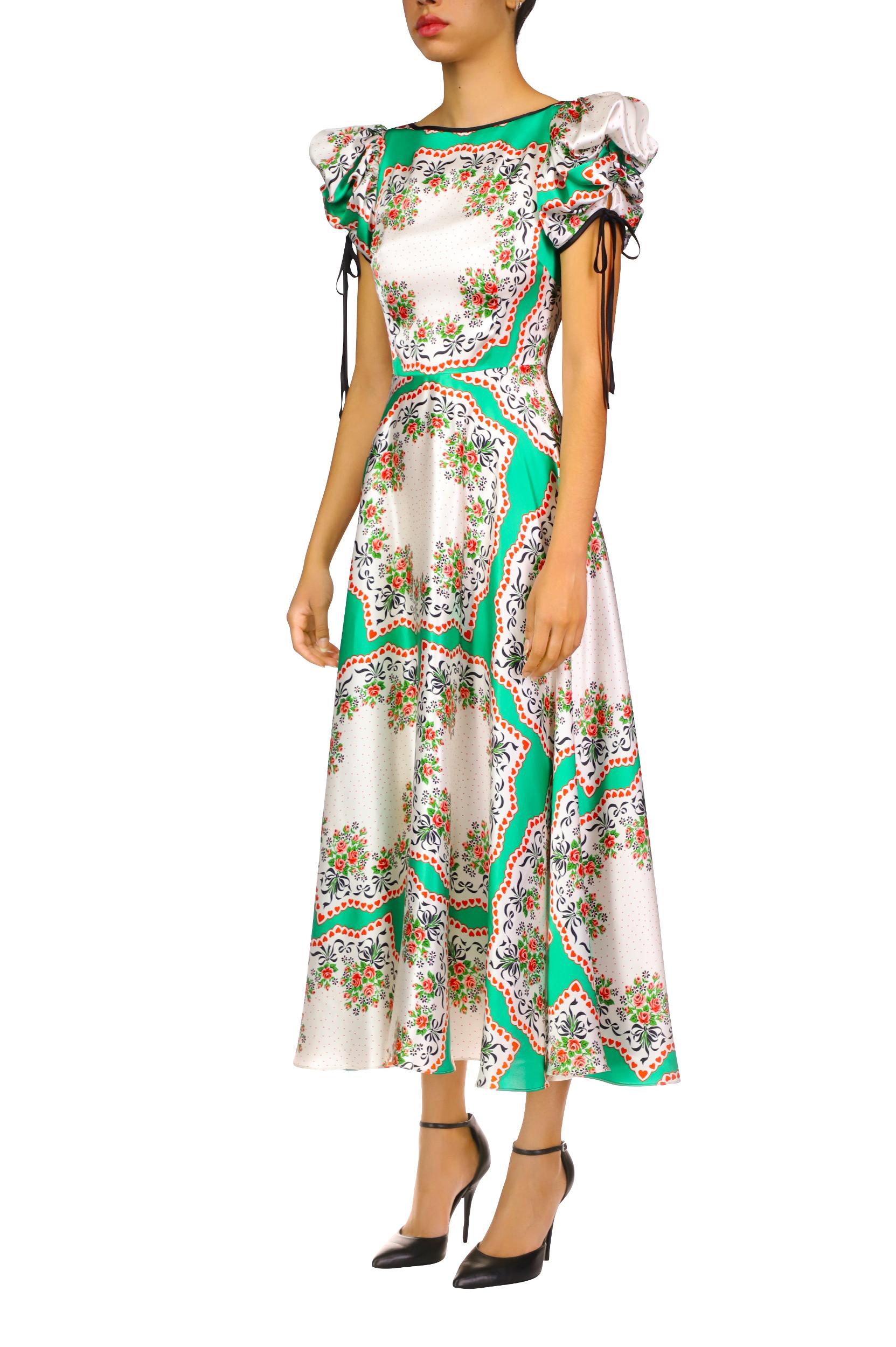Green And Red Heart And Rose Silk Satin Puff Sleeve Dress Product Image