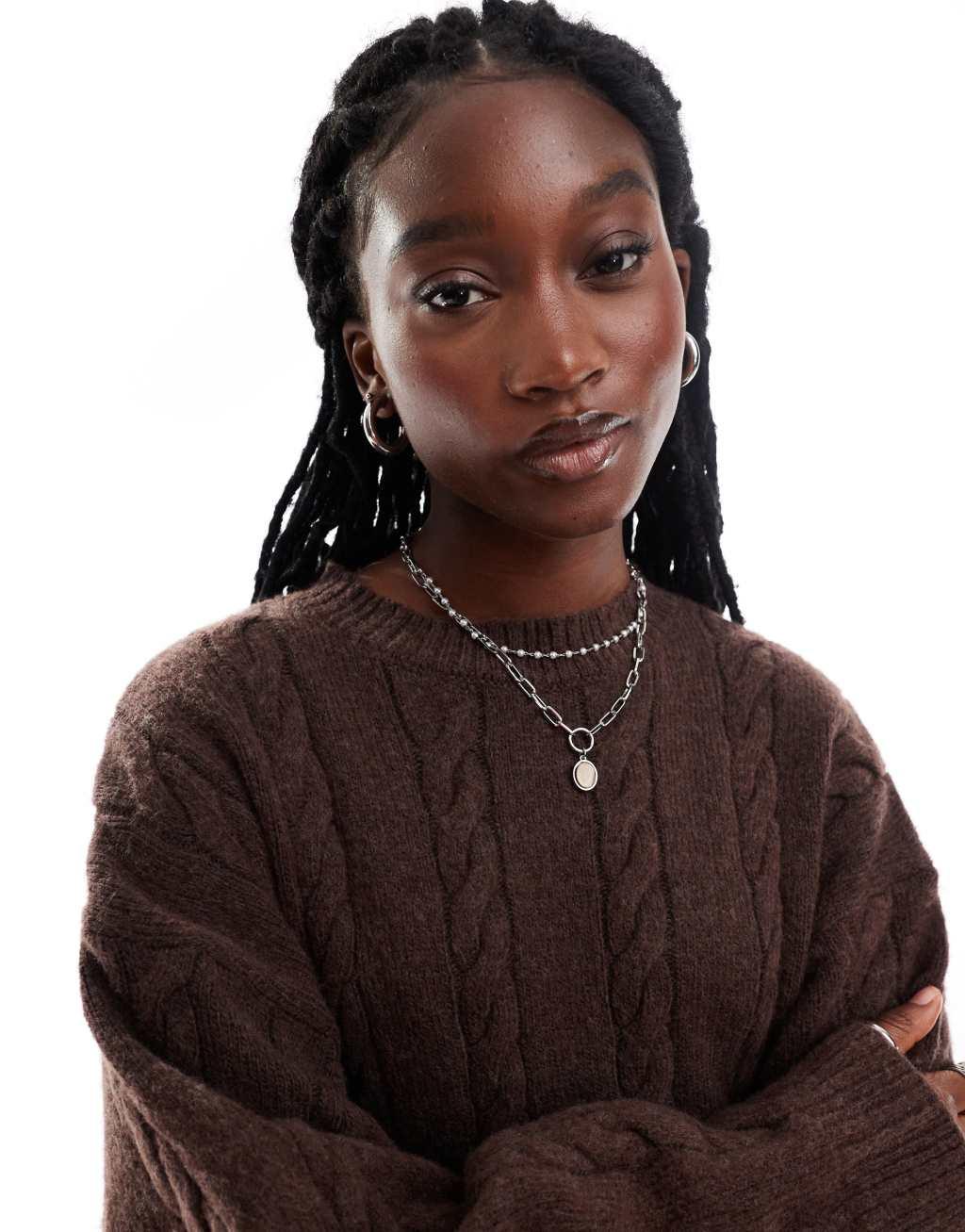 COLLUSION oversized crew neck cable knit sweater in brown  Product Image