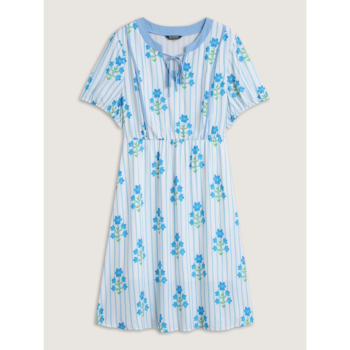 Plus Size Stripe Floral Notched Neck Tie Midi Dress Skyblue Women Notched collar Short sleeve Curvy BloomChic 26/4X Product Image