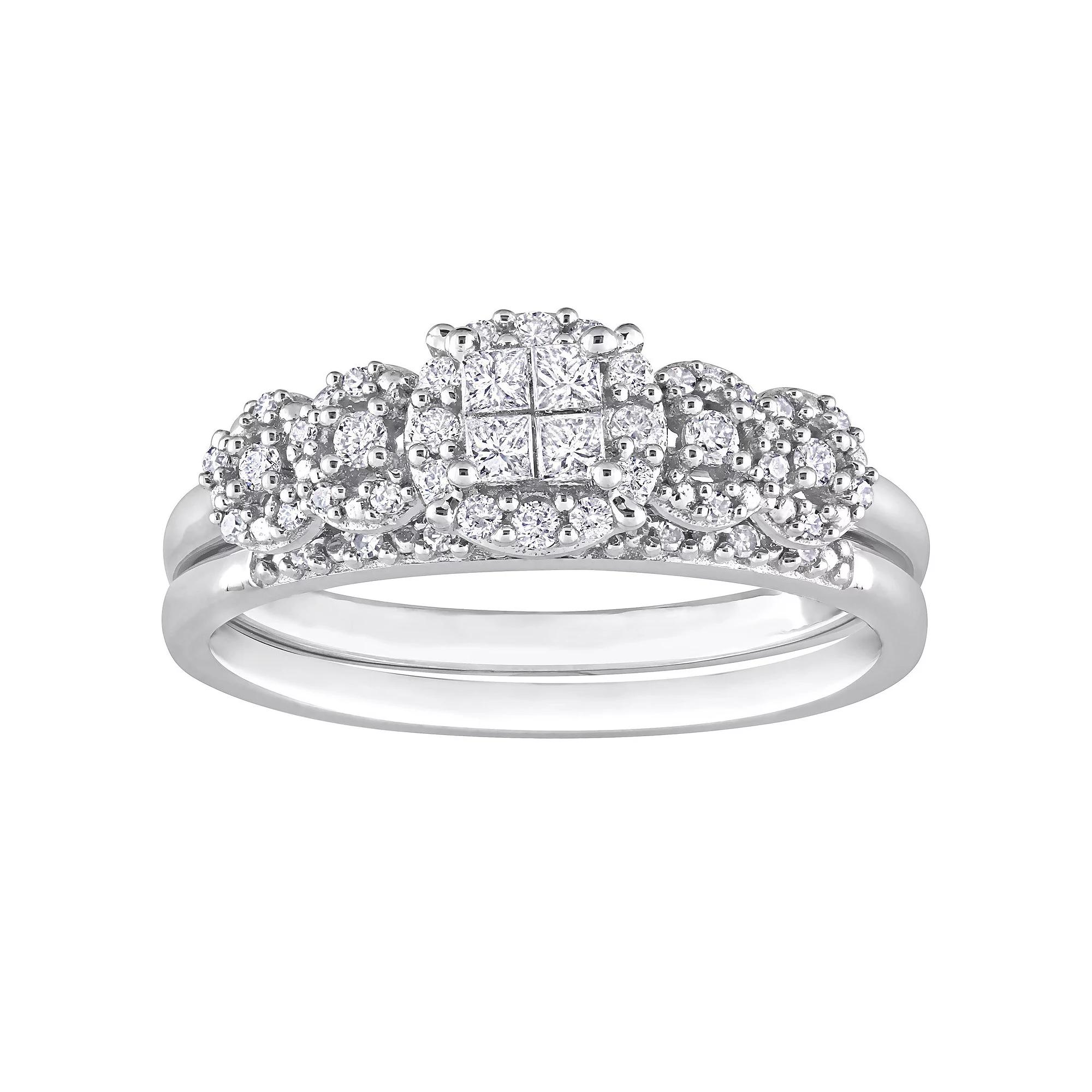 Stella Grace 10k White Gold 1/3 Carat T.W. Diamond Cluster Bridal Ring Set, Women's,  Product Image