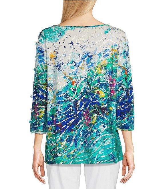 Ali Miles Foiled Burnout Split Round Neck Criss Cross Hardware 3/4 Sleeve Popover Top Product Image