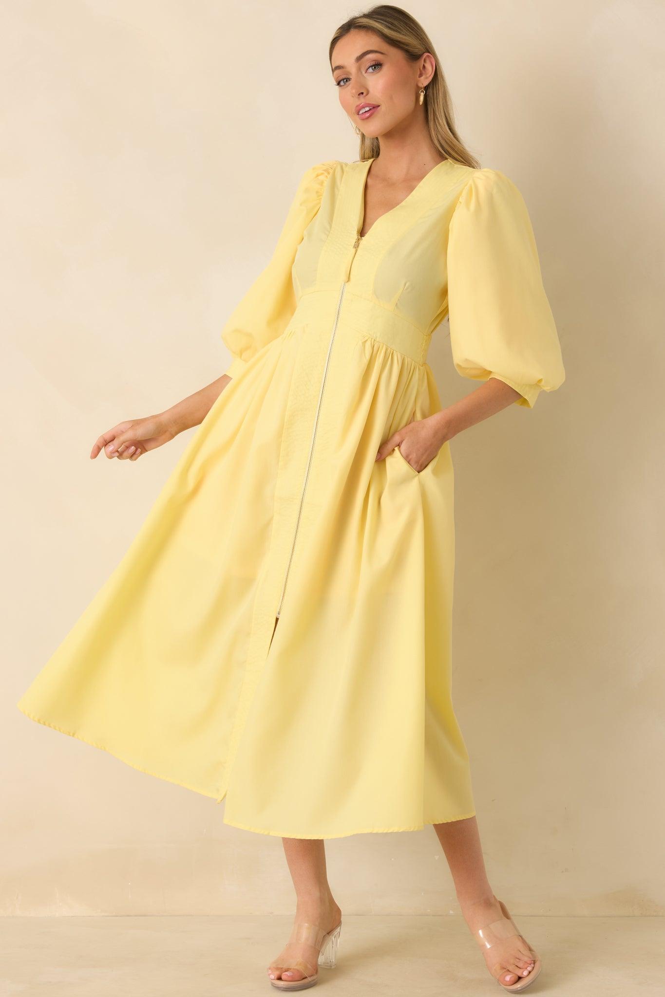 To Be Fair Daffodil Yellow Blouson Sleeve Zip Up Midi Dress Product Image