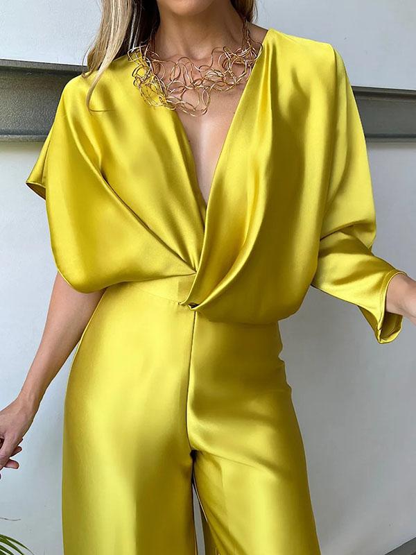 Asymmetric Solid Color Deep V-Neck Jumpsuits Product Image
