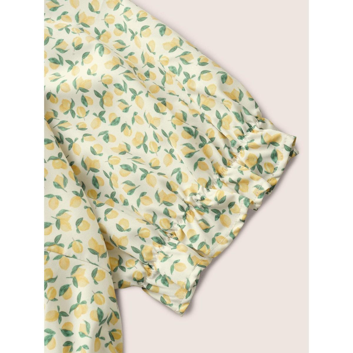 Plus Size Citrus Lemon Print Overlap Collar Lantern Sleeve Dress Yellow Women Elegant Overlapping Overlap Collar Short sleeve Curvy Midi Dress BloomChic 18-20/2X Product Image