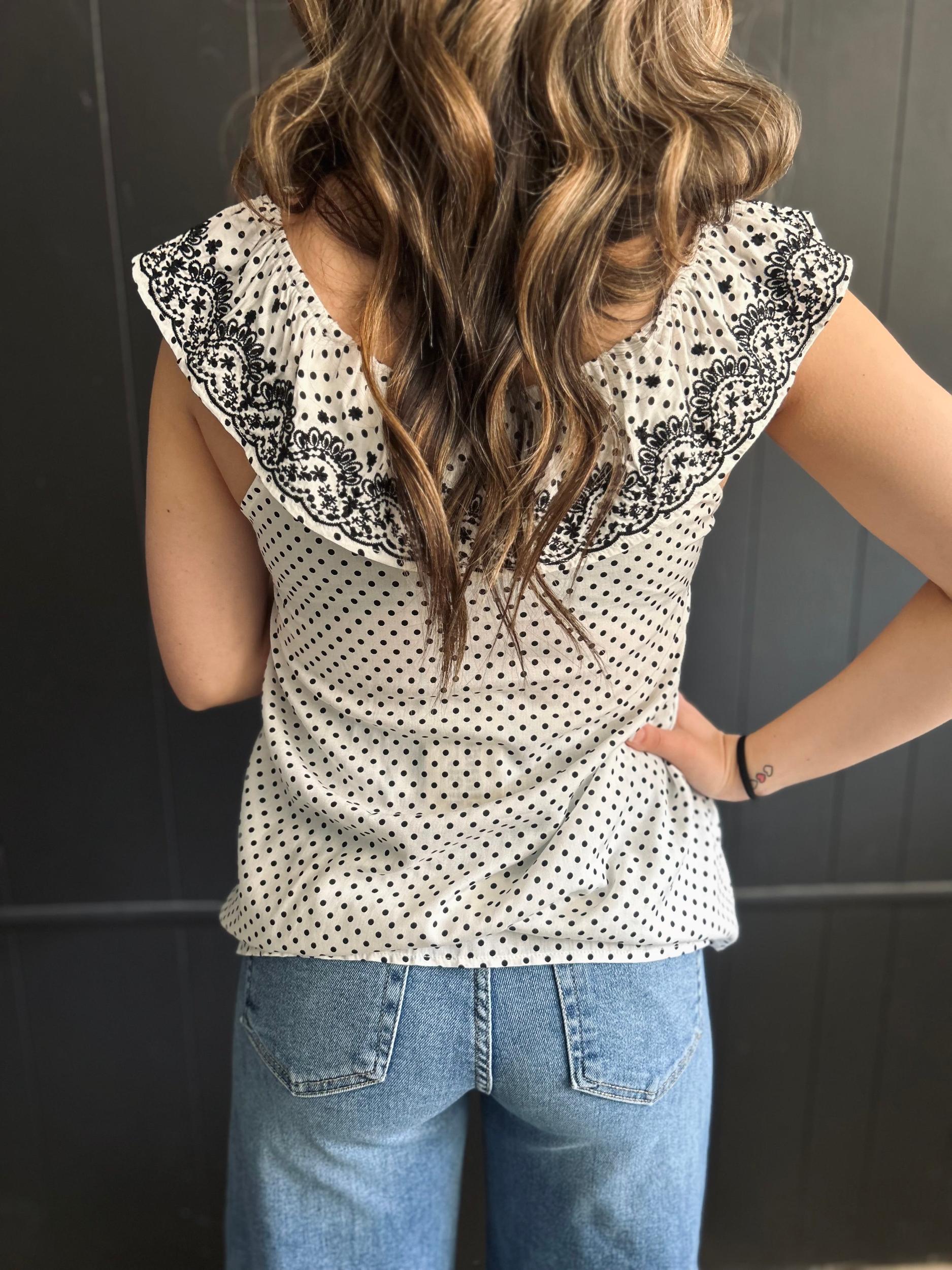 Ivory & Black Dot Embroidered Floral Ruffle Top Product Image