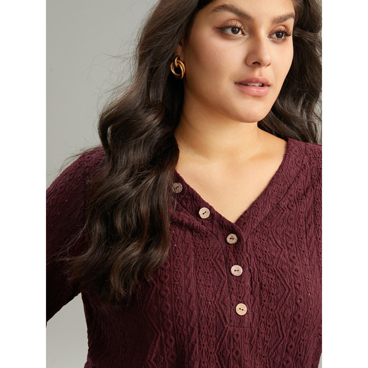 Plus Size Broderie Anglaise Button Detail Jacquard T-shirt Burgundy Women Elegant Texture Plain V-neck Dailywear T-shirts BloomChic 30/6X Product Image