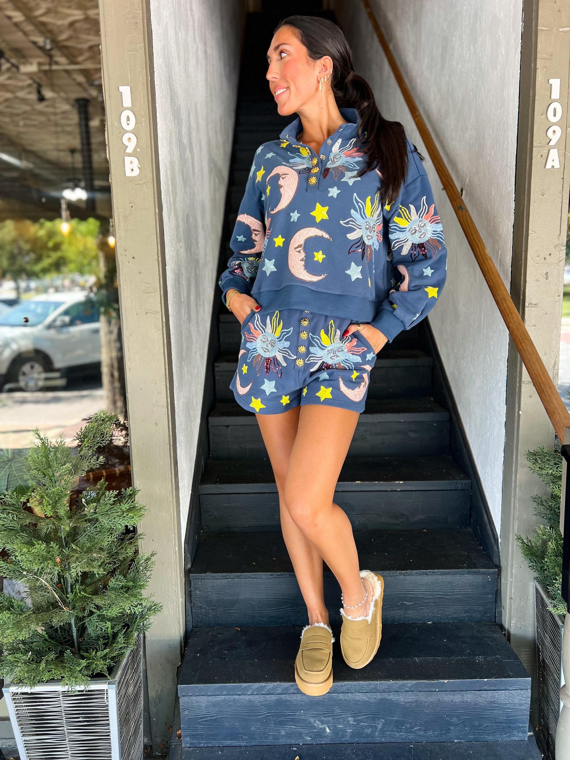 Midnight Blue Stars & Moon Henley Short Product Image