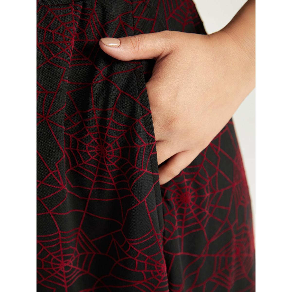 Plus Size Halloween Spider Web Pattern Keyhole Dress Black Women Party Gathered Notched collar Half Sleeve Curvy Midi Dress BloomChic 26/4X Product Image