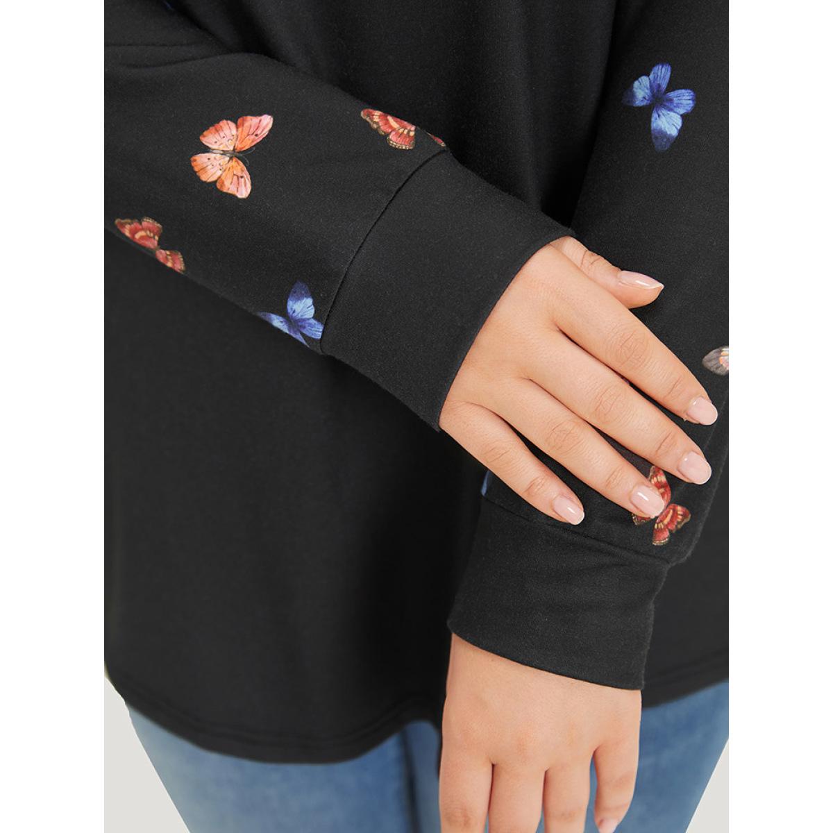 Plus Size Butterfly Print V Neck Raglan Sleeve Sweatshirt Women Black Casual Elastic cuffs V-neck Everyday Sweatshirts BloomChic 30/6X Product Image