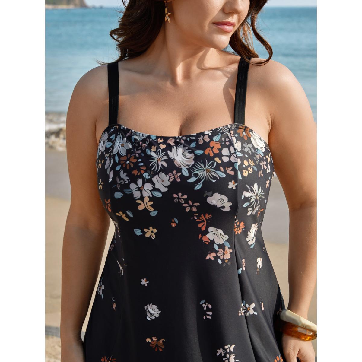 Plus Size Floral Print Non-Removable Cups Swim Dress Women's Swimwear Black Beach Bodycon Square Neck High stretch Curve Swim Dresses BloomChic 14-16/1X Product Image