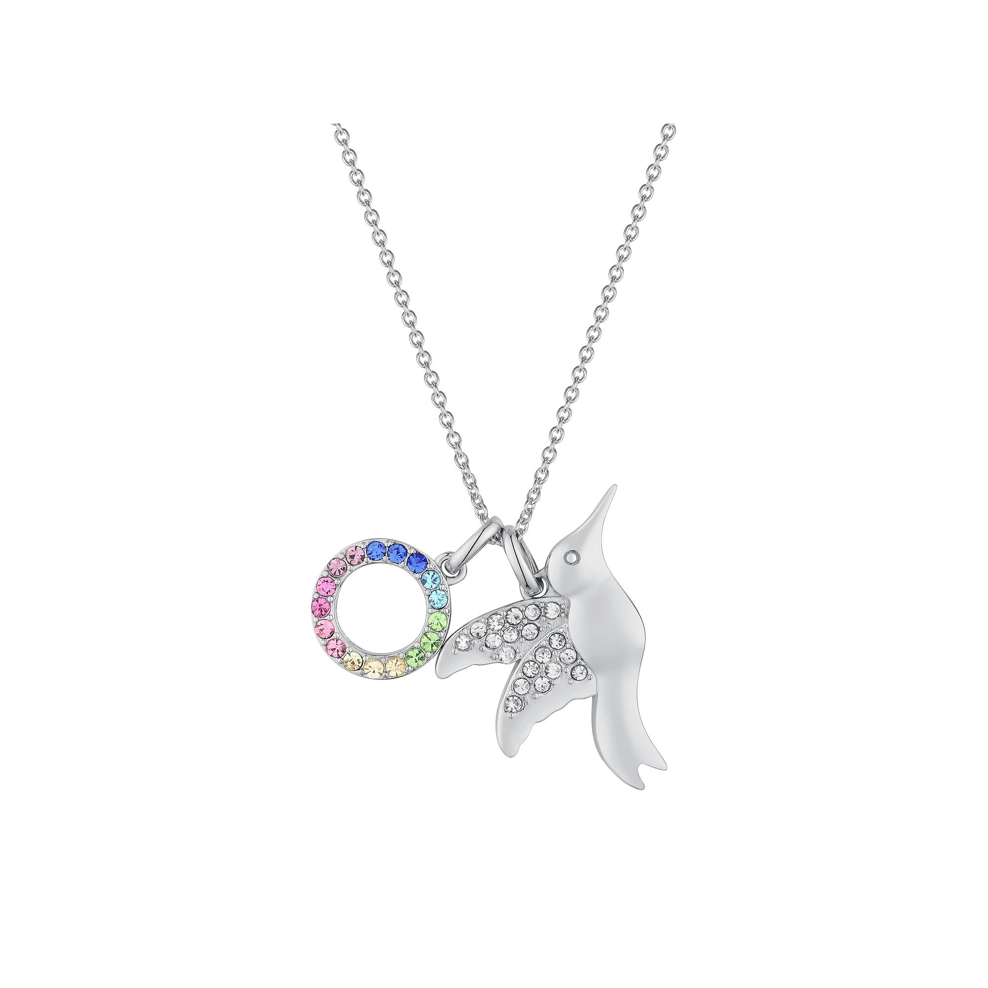 Crystal Collective Silver Plated Crystal Circle & Humingbird Charm Pendant Necklace, Womens Silver Tone White Product Image