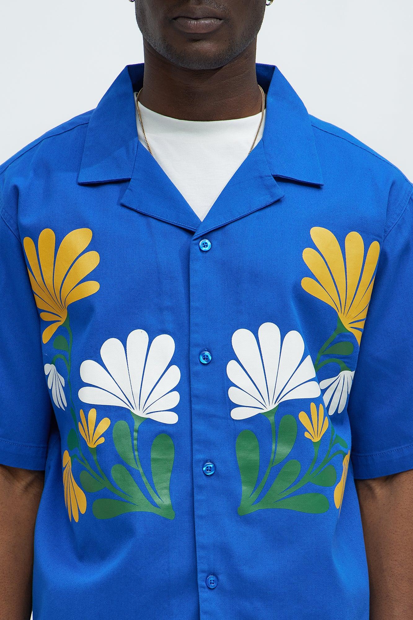 Botanical Garden Cropped Short Sleeve Button Up Shirts - Blue Product Image