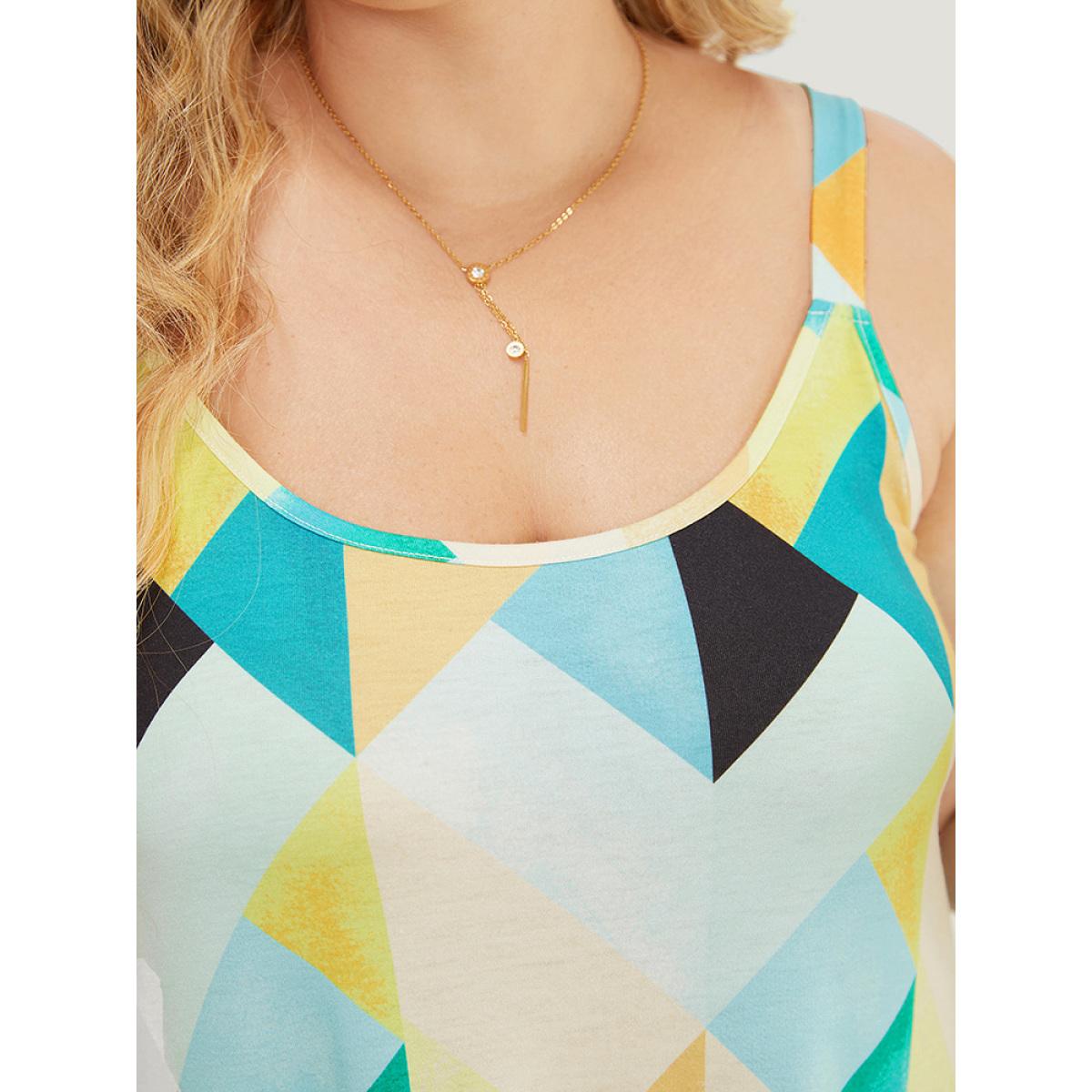 Plus Size Geometric Print Ruffles Pocket Spaghetti Strap Dress Multicolor Women Elegant Adjustable Straps Spaghetti Strap Sleeveless Curvy Midi Dress BloomChic 12/L Product Image