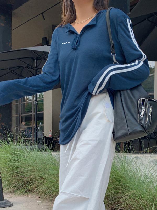 Blue Stripe Print Button Up Oversized Long Sleeve Tee Product Image