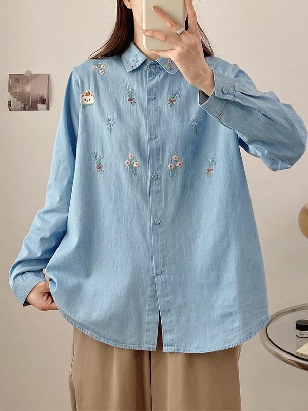 Vintage Bear Flower Embroidery Denim Blouses&Shirts Product Image