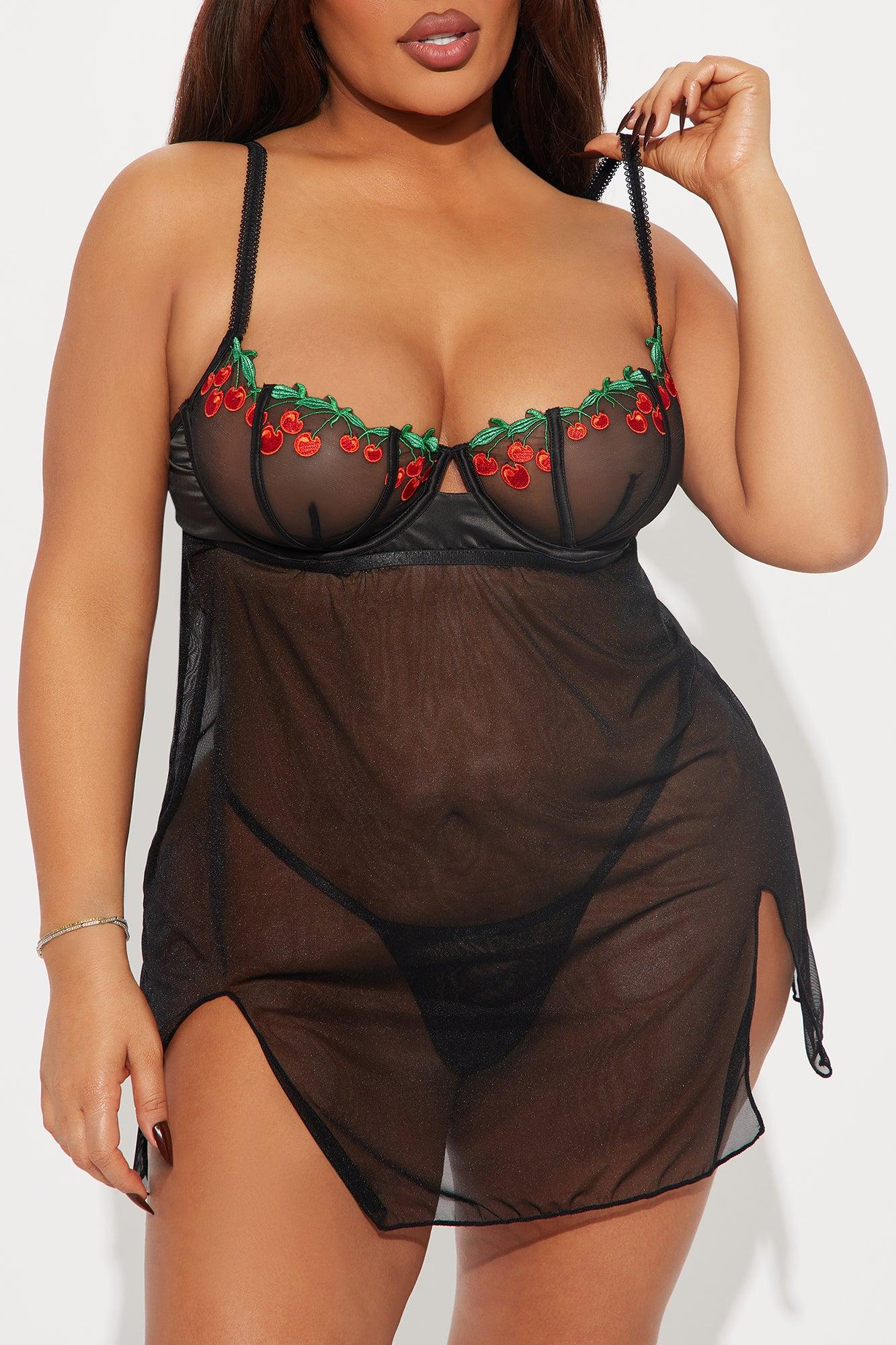 Sweetest Bite Embroidered Cherry Babydoll and G String - Black/Red Product Image