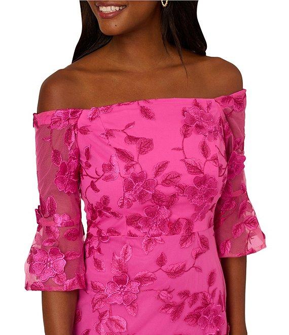 Adrianna Papell Knit Off-The-Shoulder Bell Sleeve Embroidered 3D Floral Sheath Dress Product Image