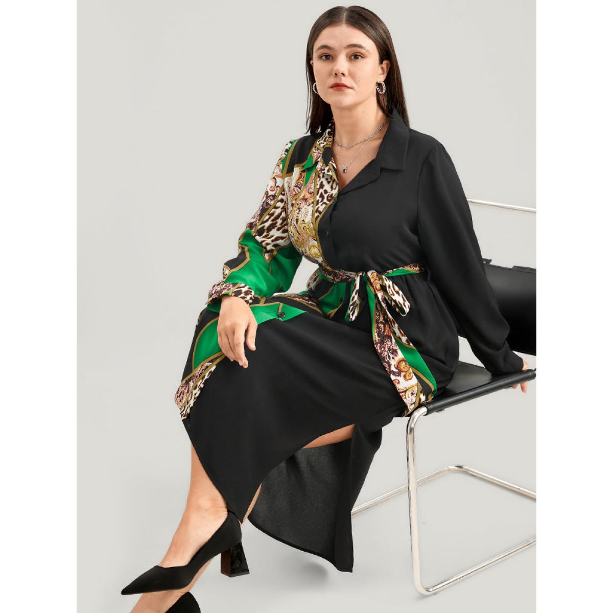 Plus Size Chain Print Shirt Collar Pocket Split Belted Button Up Dress Green Women Office Printed Shirt collar Curvy Midi Dress BloomChic 22-24/3X Product Image