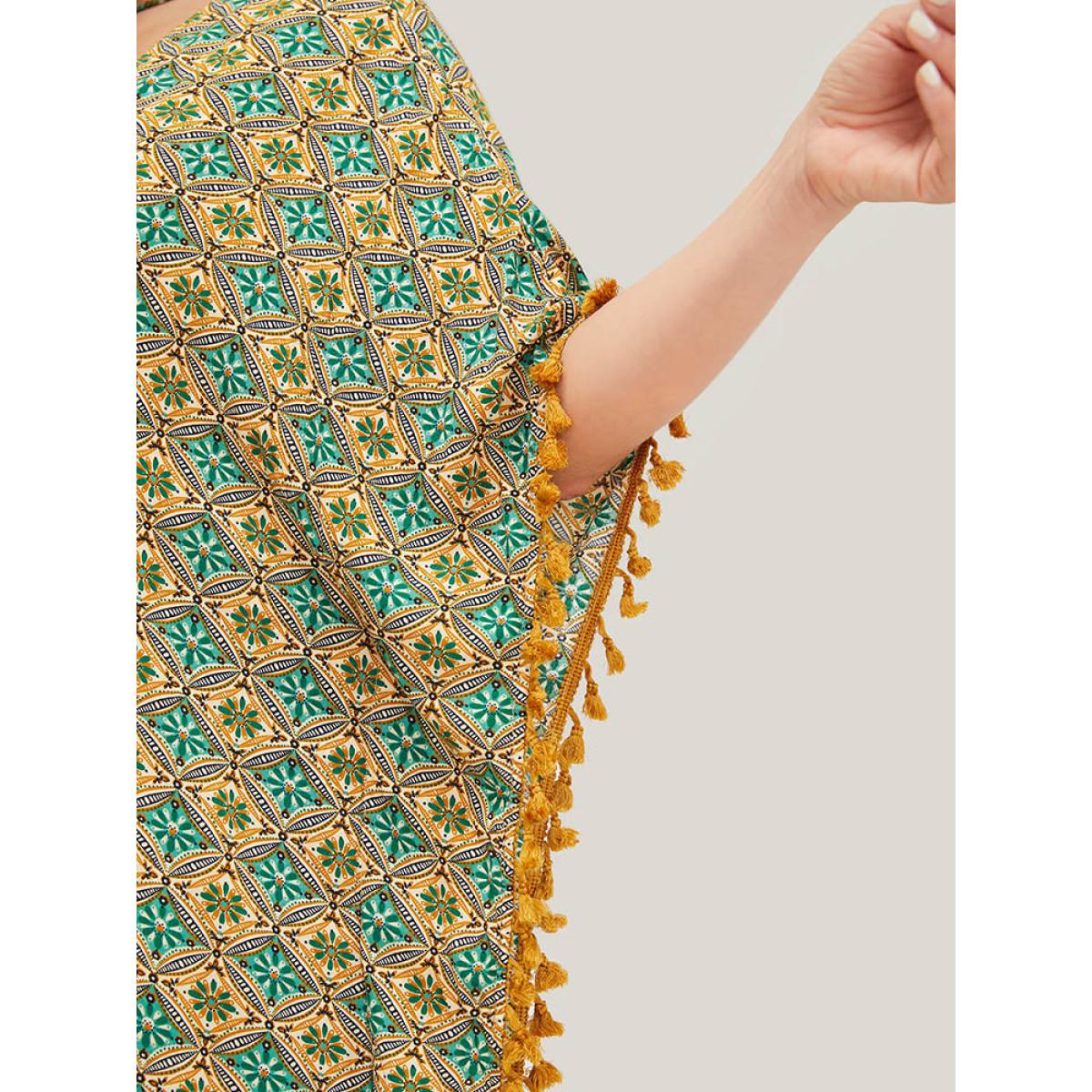 Plus Size Bandana Batwing Sleeve Tassels Trim Split Open Front Kimono Women Mint Vacation Loose Belt Dailywear Kimonos BloomChic 22-24/3X Product Image