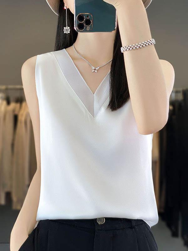 Loose Sleeveless Solid Color V-Neck Vest Top Product Image