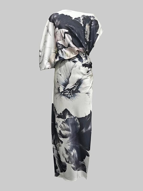 Batwing Sleeves Loose Asymmetric Floral Printed Split-Joint Split-Side One-Shoulder Evening Dresses Maxi Dresses Product Image