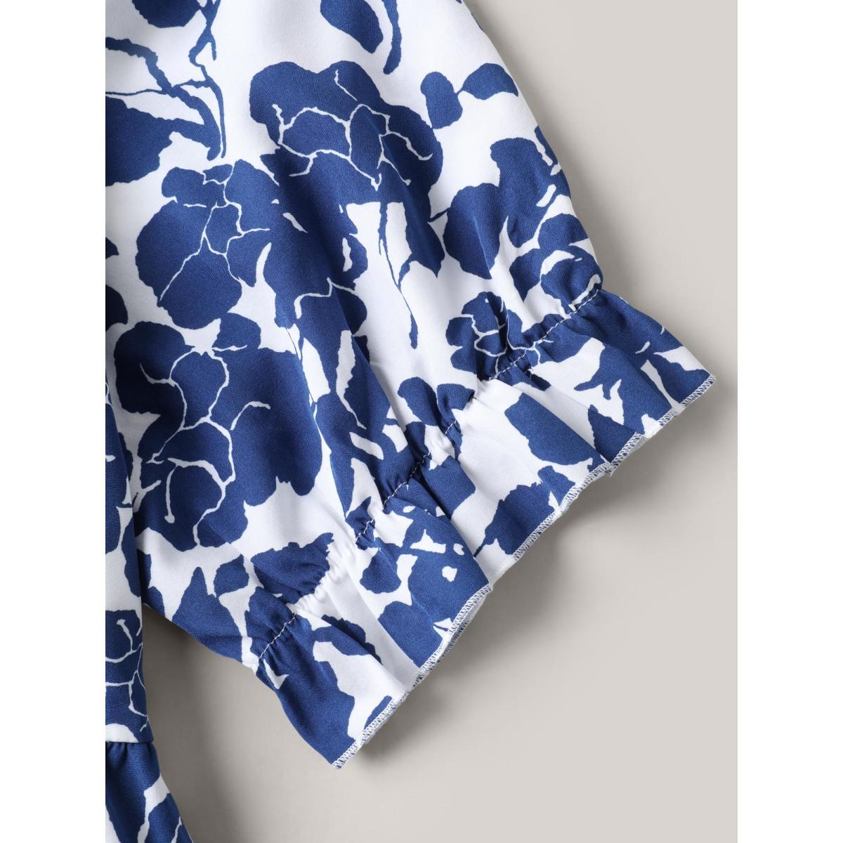 Plus Size Silhouette Floral Print Tie Front Midi Dress DarkBlue Women Elegant Drawstring Heart neckline Half Sleeve Curvy BloomChic 18-20/2X Product Image