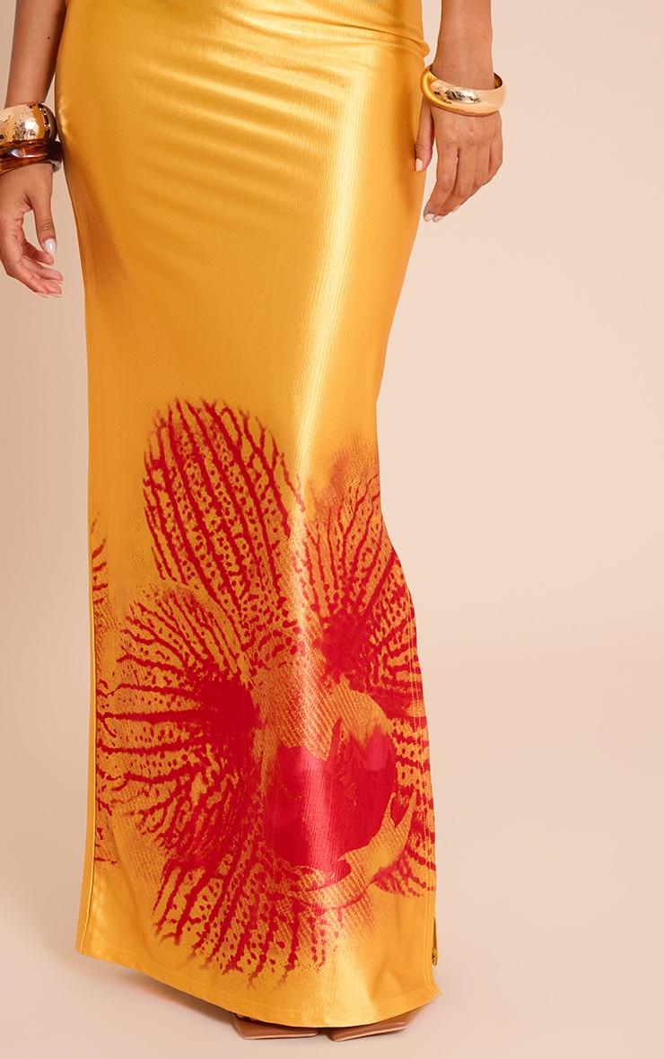 Orange Print Stretch Satin Maxi Skirt Product Image