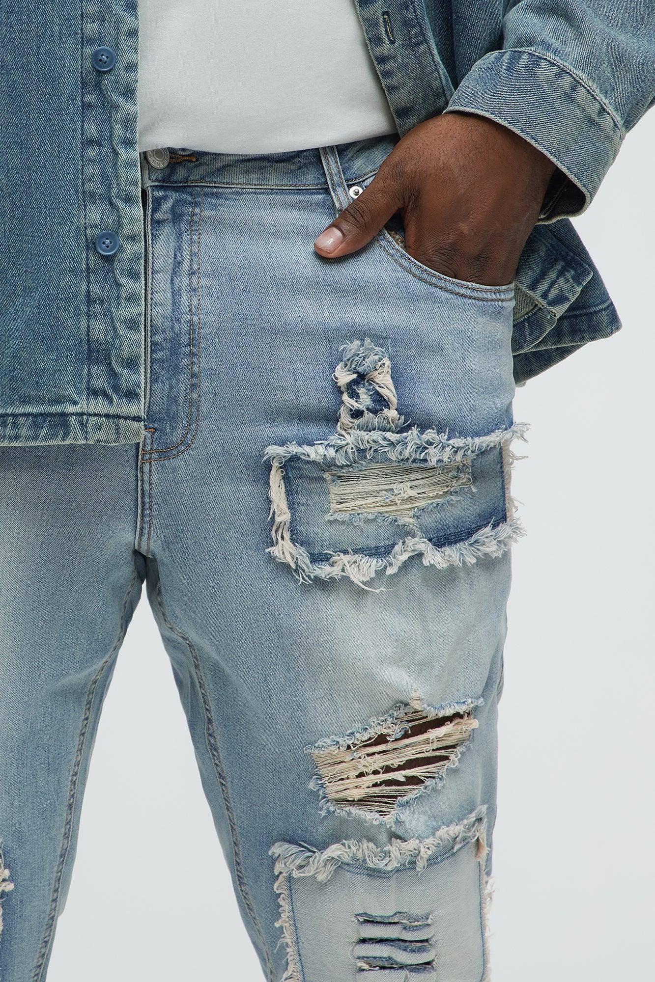 Shredded Patchwork Skinny Jeans - Light Wash Male Product Image