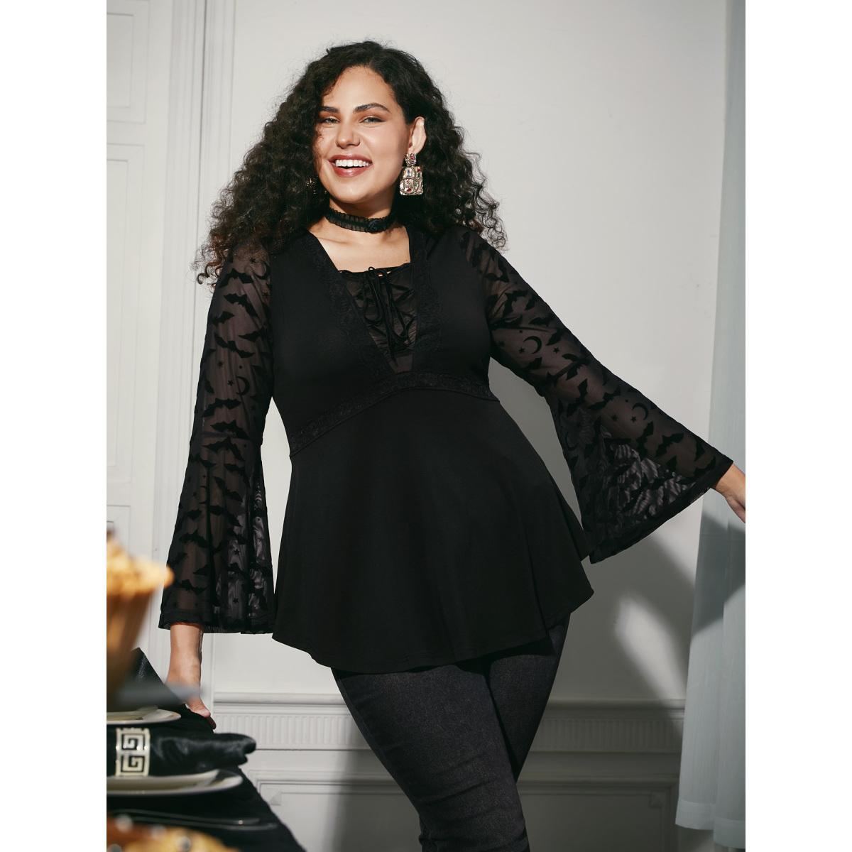 Plus Size Black Bat Wing Elastic Flocking Corn Straps Blouse Women Elegant Long Sleeve Square Neck Everyday Blouses BloomChic 14-16/1X Product Image