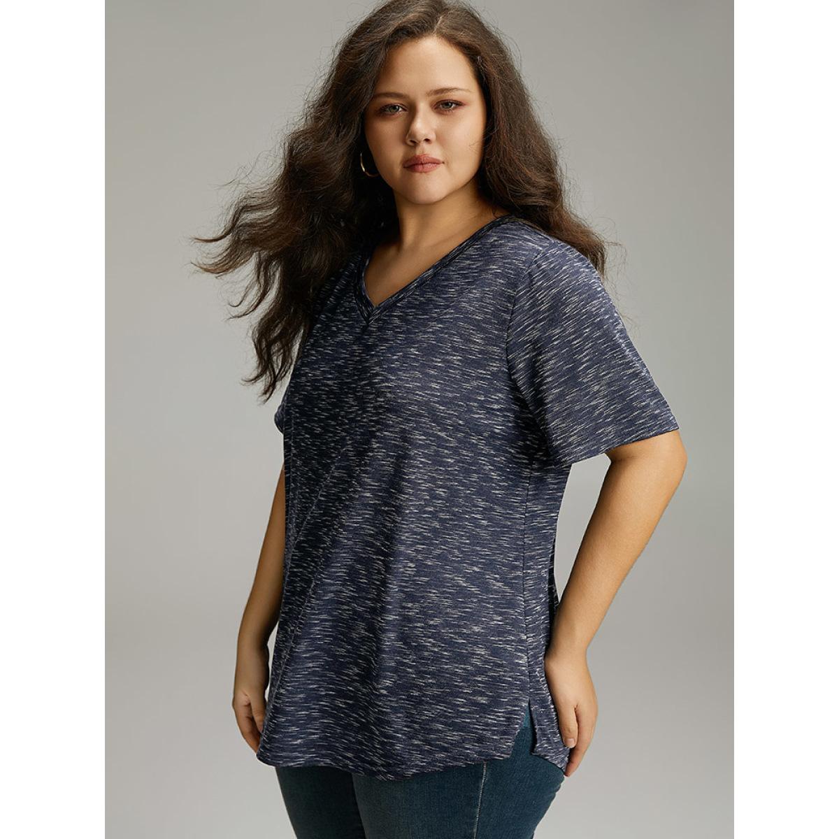 Plus Size Heather Split Side Basic T-shirt Indigo Women Casual Texture Plain V-neck Dailywear T-shirts BloomChic 26/4X Product Image