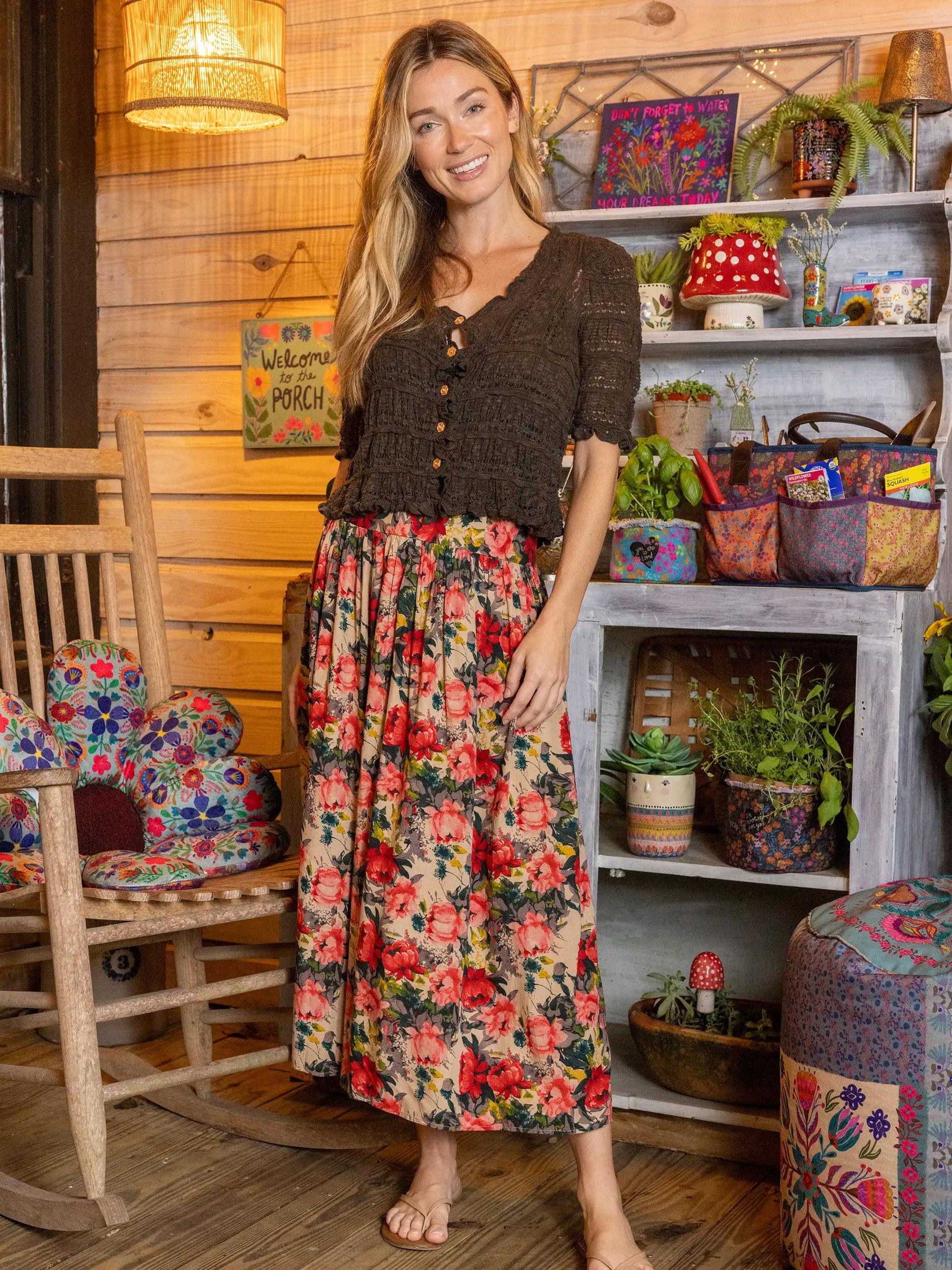 Addie Midi Skirt - Tan Red Roses Product Image