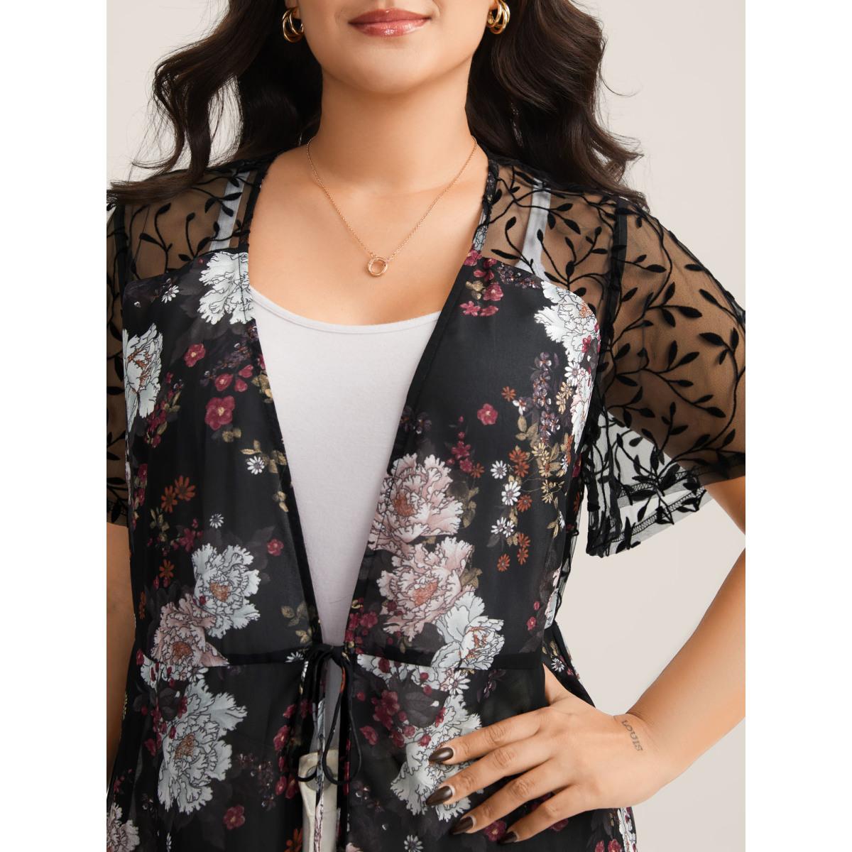 Plus Size Chiffon Floral Front Mid Tie Kimono Women Black Tie knot Bodycon Everyday-Elegant Kimonos BloomChic 18-20/2X Product Image
