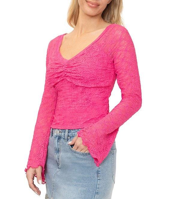 Stevie by Steve Madden Textured Stretch Lace V-Neck Long Bell Sleeve Top Product Image