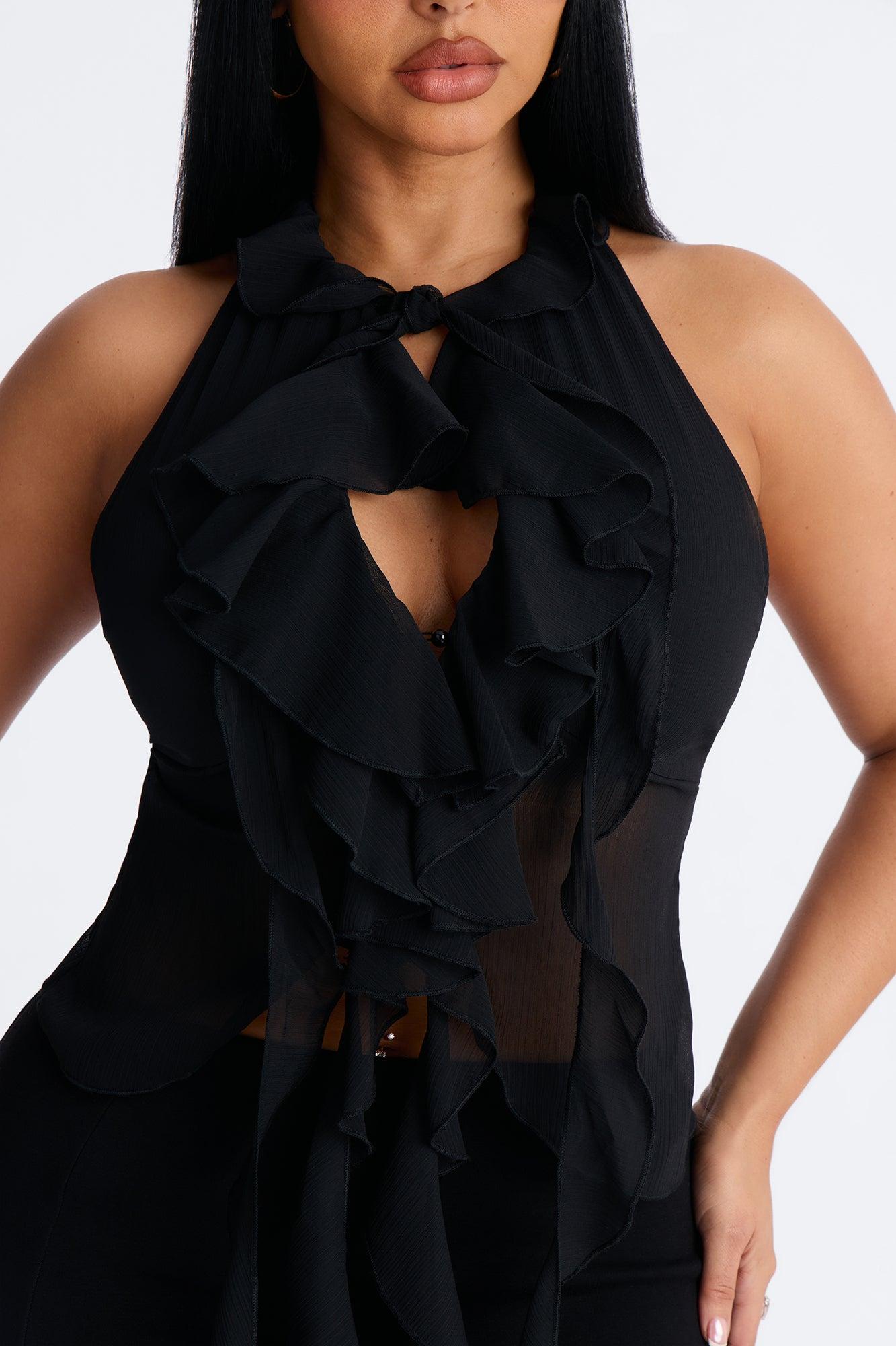 Something Sweet Ruffle Chiffon Halter Top - Black Female Product Image
