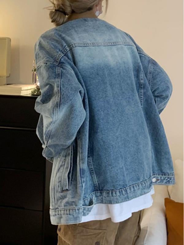Vintage Contrast Leather Lapel Neck Denim Jacket Product Image