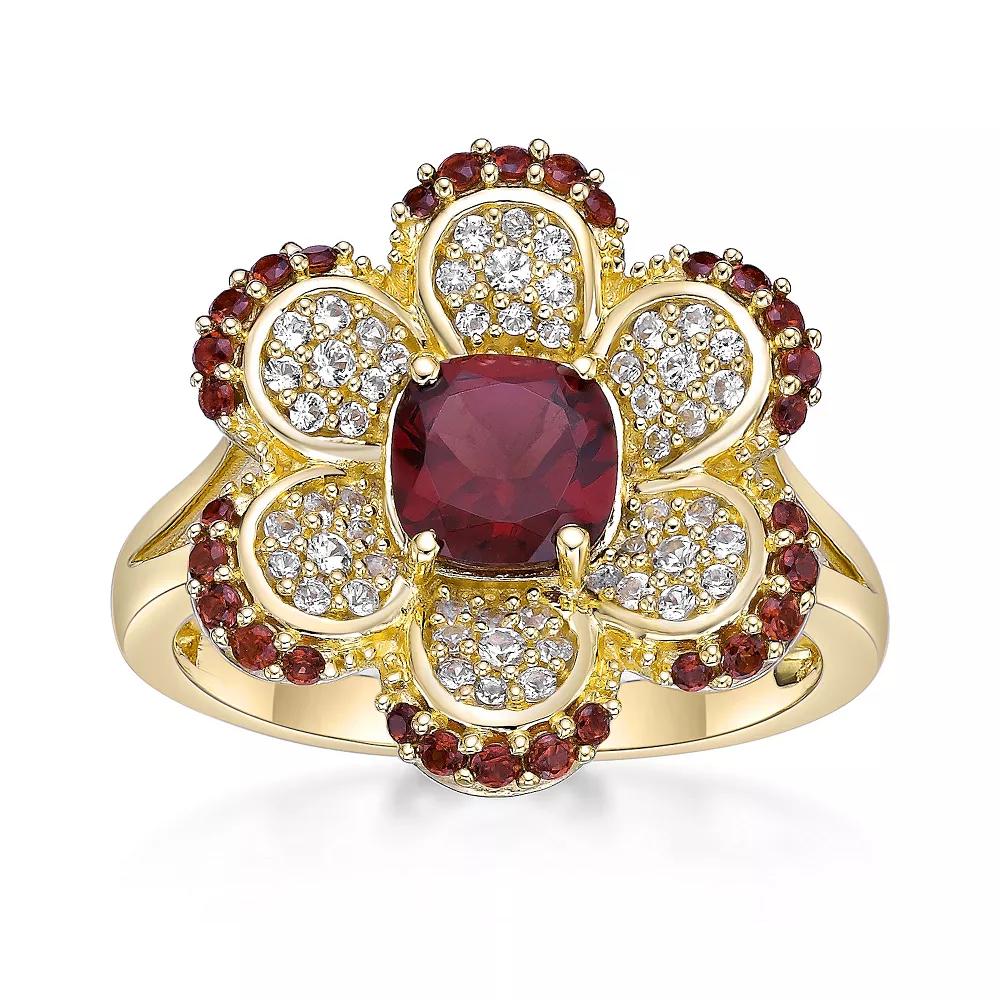 Gemminded 2 Micron Gold Over Silver Garnet & Lab-Created White Sapphire Flower Ring, Women's, Size: 5, Gold Tone Product Image