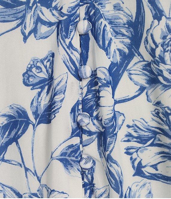 Calessa Porcelain Floral Mesh Ruffled Split V-Neck Long Sleeve Button Front Blouse Product Image