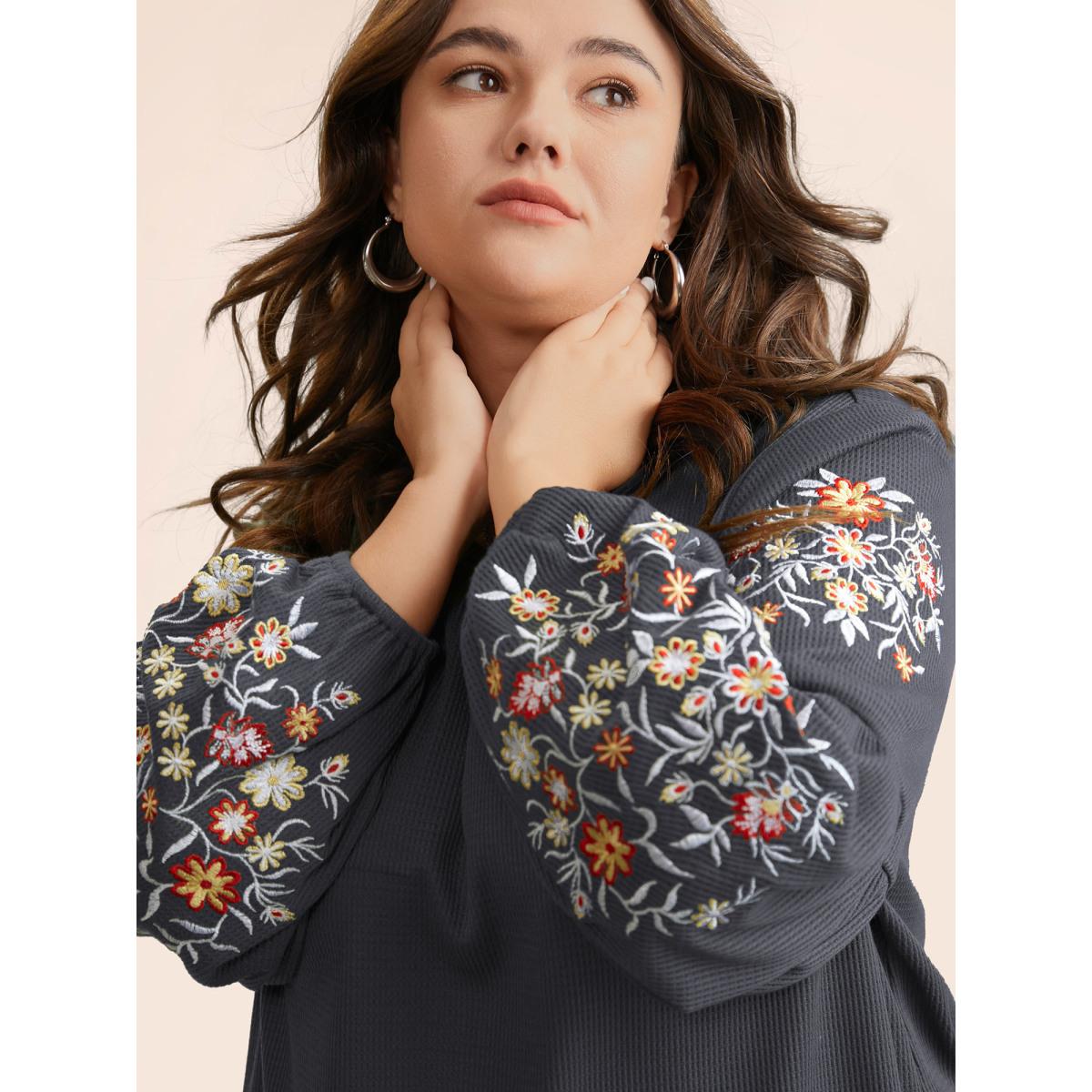 Plus Size Waffle Knit Floral Embroidered Lantern Sleeve T-shirt DimGray Women Leisure Texture Floral Round Neck Casual T-shirts BloomChic 10/M Product Image