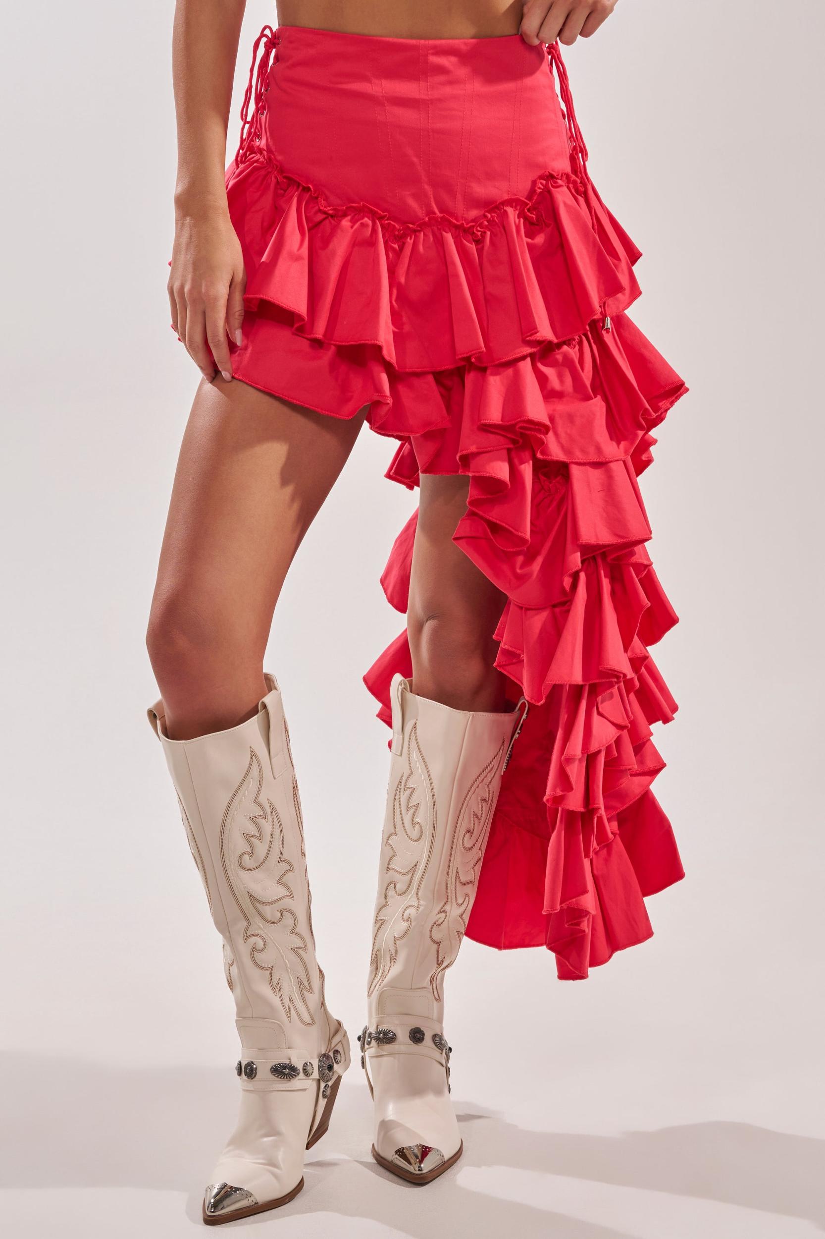 CLAIRE HIGH LOW RUFFLE SKIRT IN RED Product Image