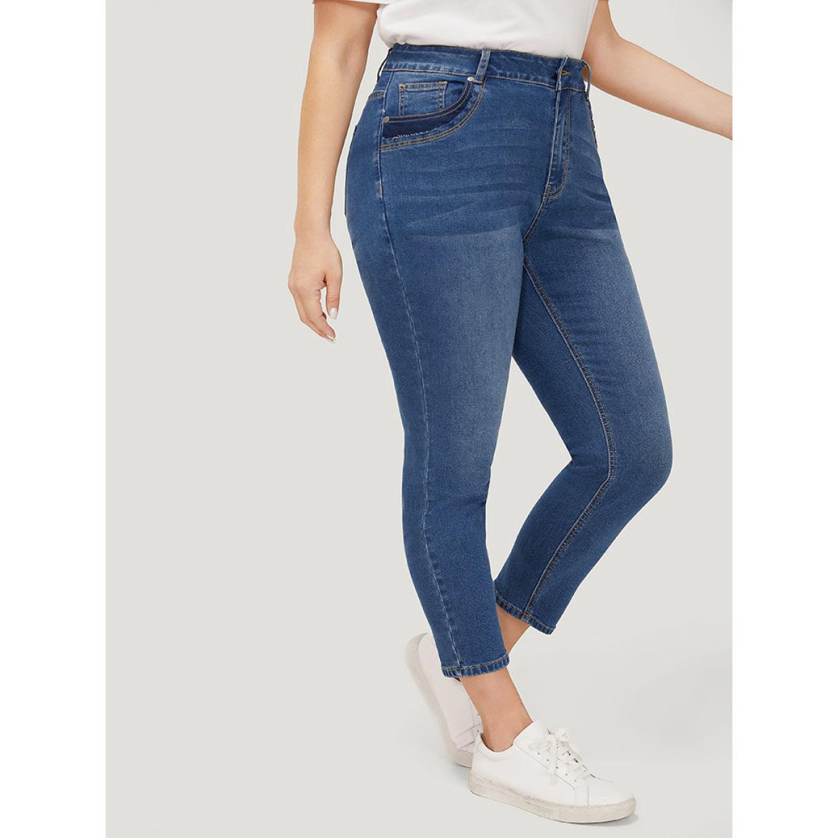 Plus Size Very Stretchy High Rise Medium Wash Patched Patchwork Jeans Women Indigo Casual Plain Patchwork High stretch Pocket Jeans BloomChic 10/M Product Image