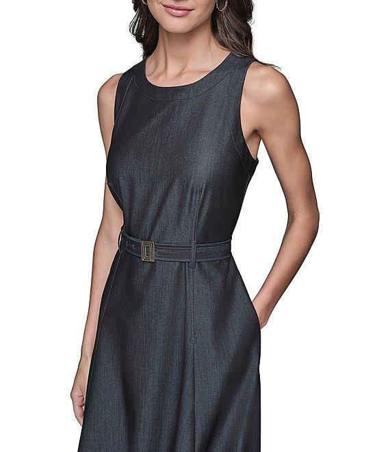 KARL LAGERFELD PARIS Denim Crew Neck Sleeveless Belted A-Line Midi Dress Product Image