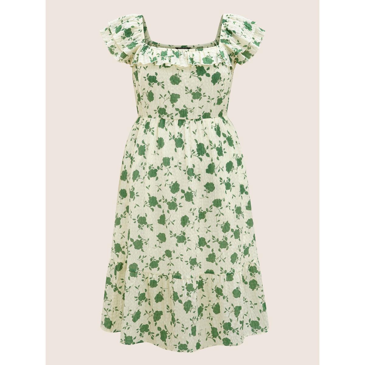 Plus Size Square Neck Floral Texture Ruffle Trim Dress Palemauve Women Elegant Texture Square Neck Cap Sleeve Curvy BloomChic 22-24/3X Product Image