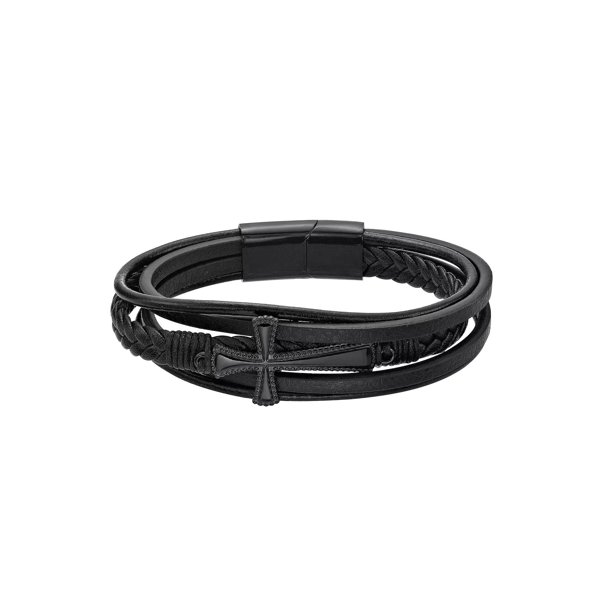 LYNX Men's Black Ion Plated Stainless Steel & Black Leather Cross Bracelet,  Product Image