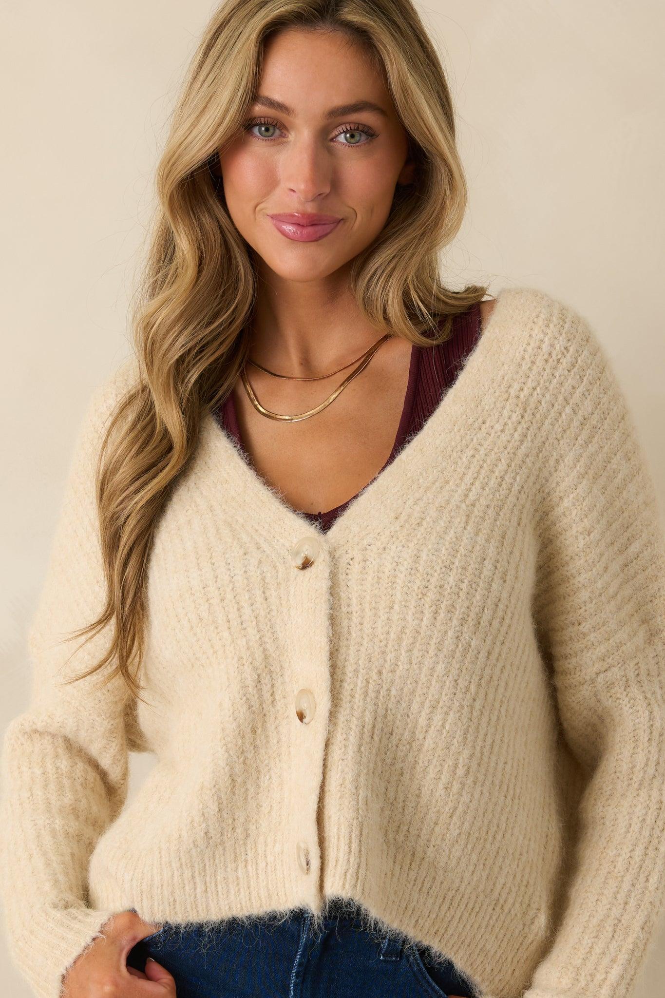 Always The Answer Ivory Ribbed Knit Button Up Cardigan Product Image