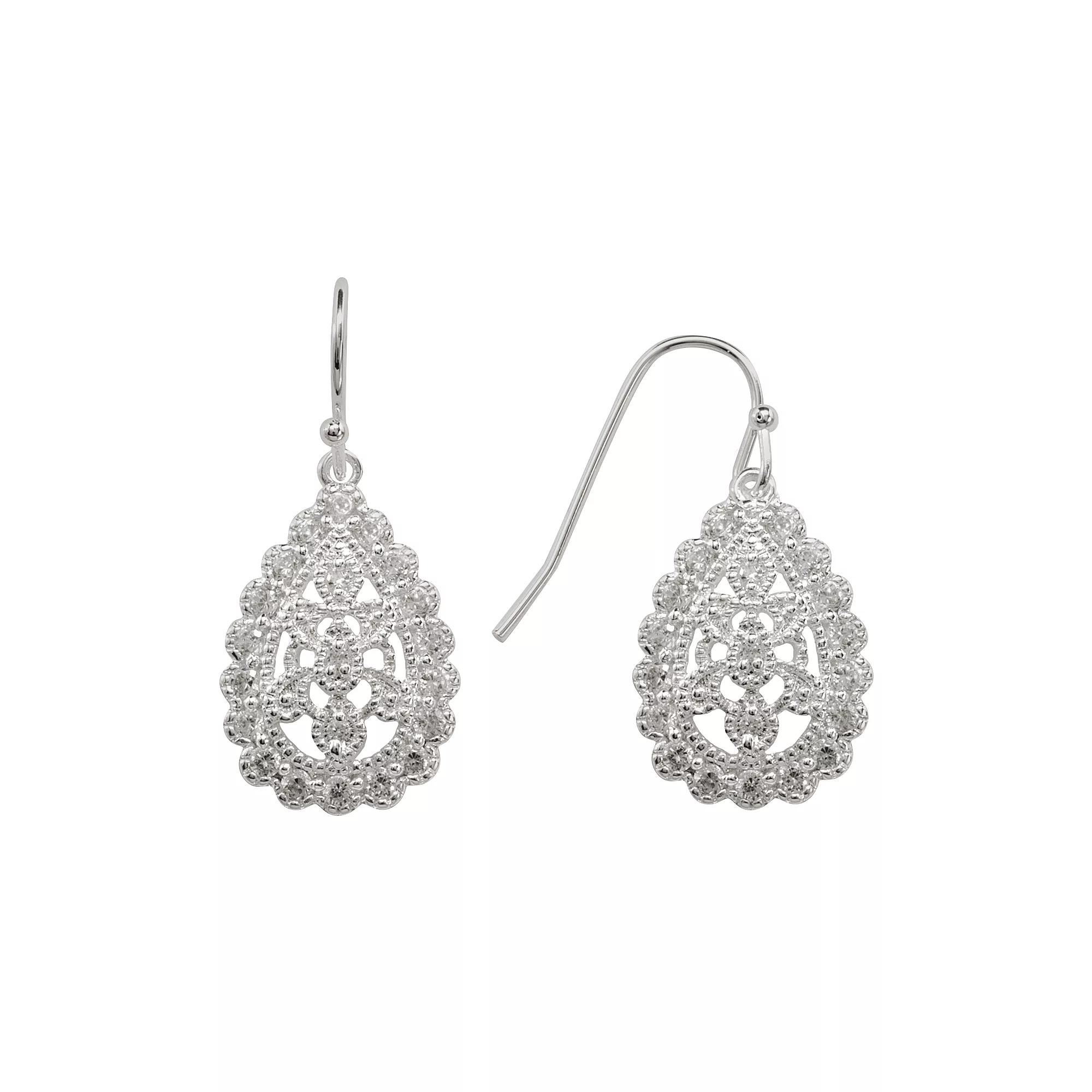 Silver Plated Cubic Zirconia Filigree Teardrop Earrings, Womens, Color Product Image
