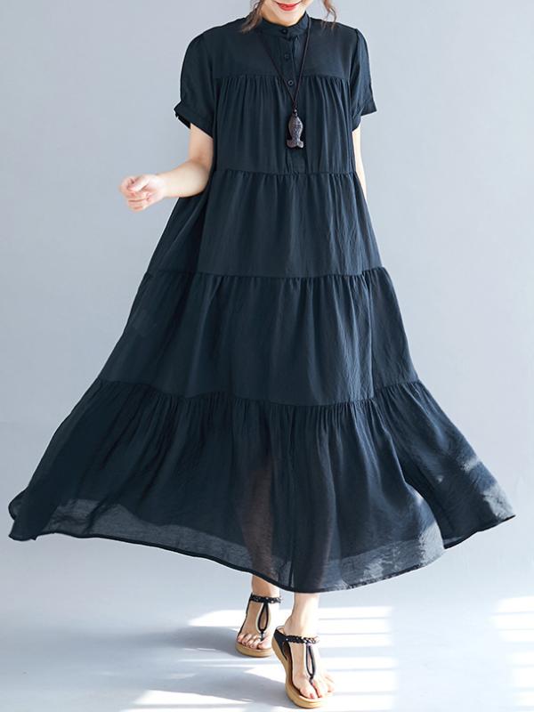 Vintage Loose Split-Joint Pleated Short Sleeves Round-Neck Midi Dress Product Image