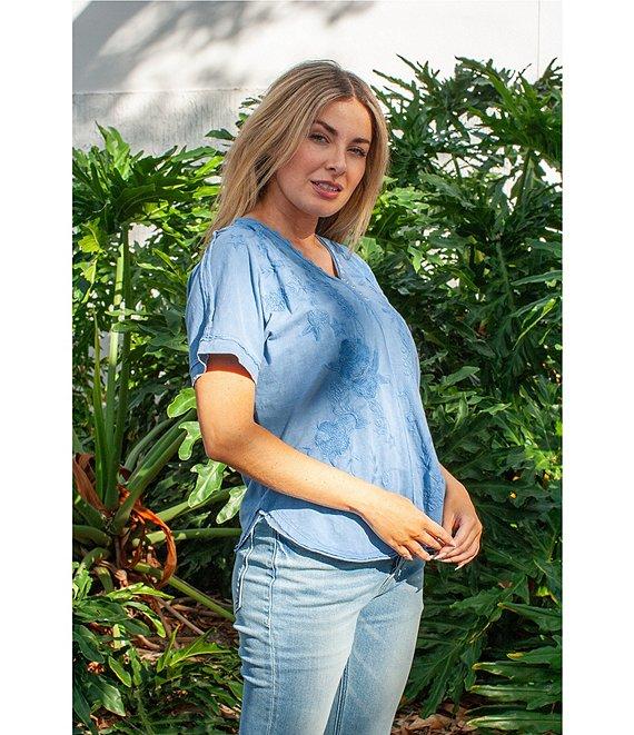 Karyn Seo Alegra Floral Embroidered Button V-Neck Dolman Short Sleeve Tee Product Image