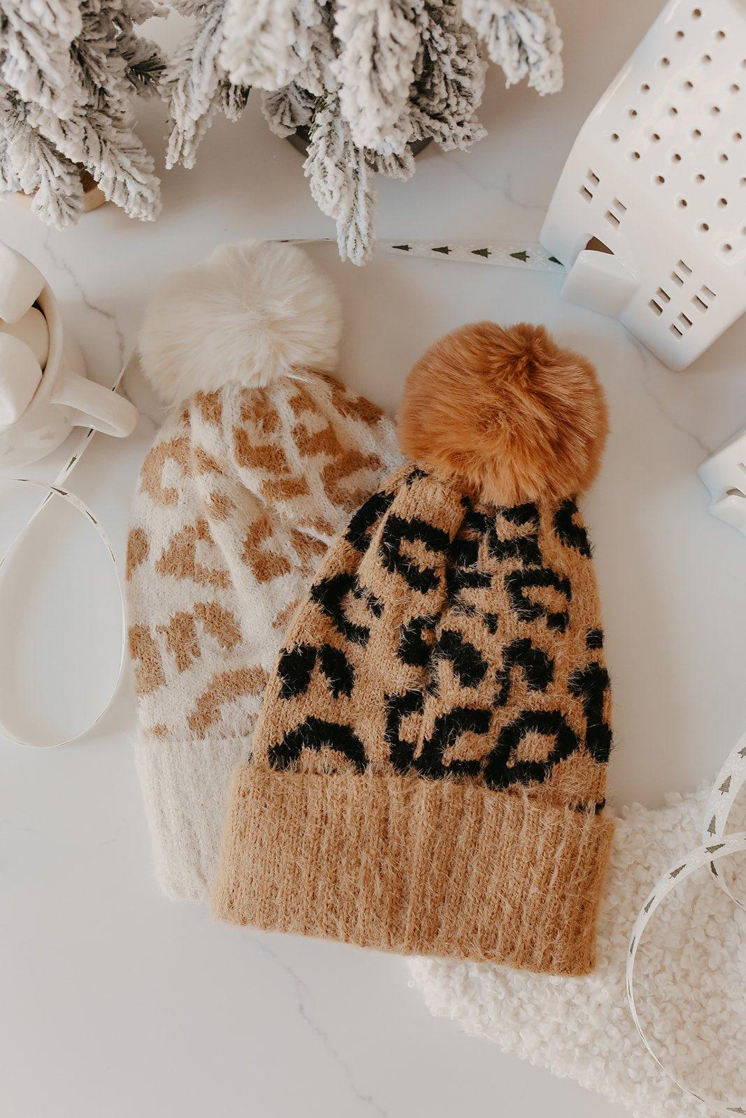 Fuzzy Leopard Print Pom Beanie - FINAL SALE Product Image