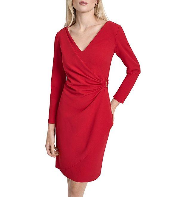 DKNY By Donna Karan Scuba Crepe V-Neck Long Sleeve Faux Wrap Dress Product Image