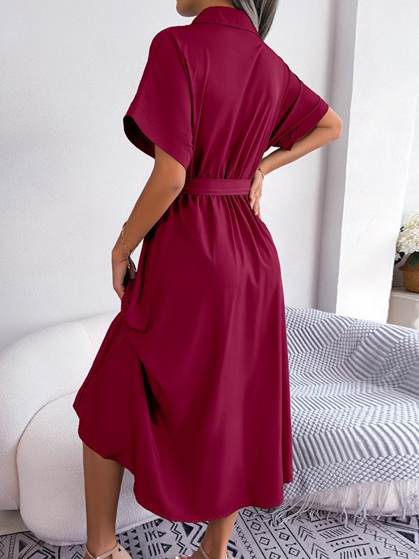 Loose Short Sleeves Solid Color Split-Joint Tied Waist Lapel Midi Dresses Shirt Dress Product Image